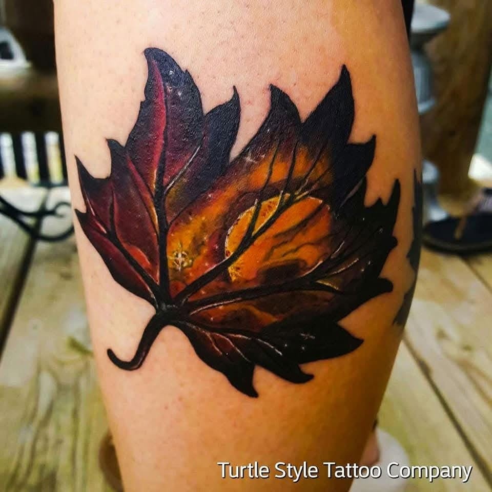 Autumn maple leaf with sunset color