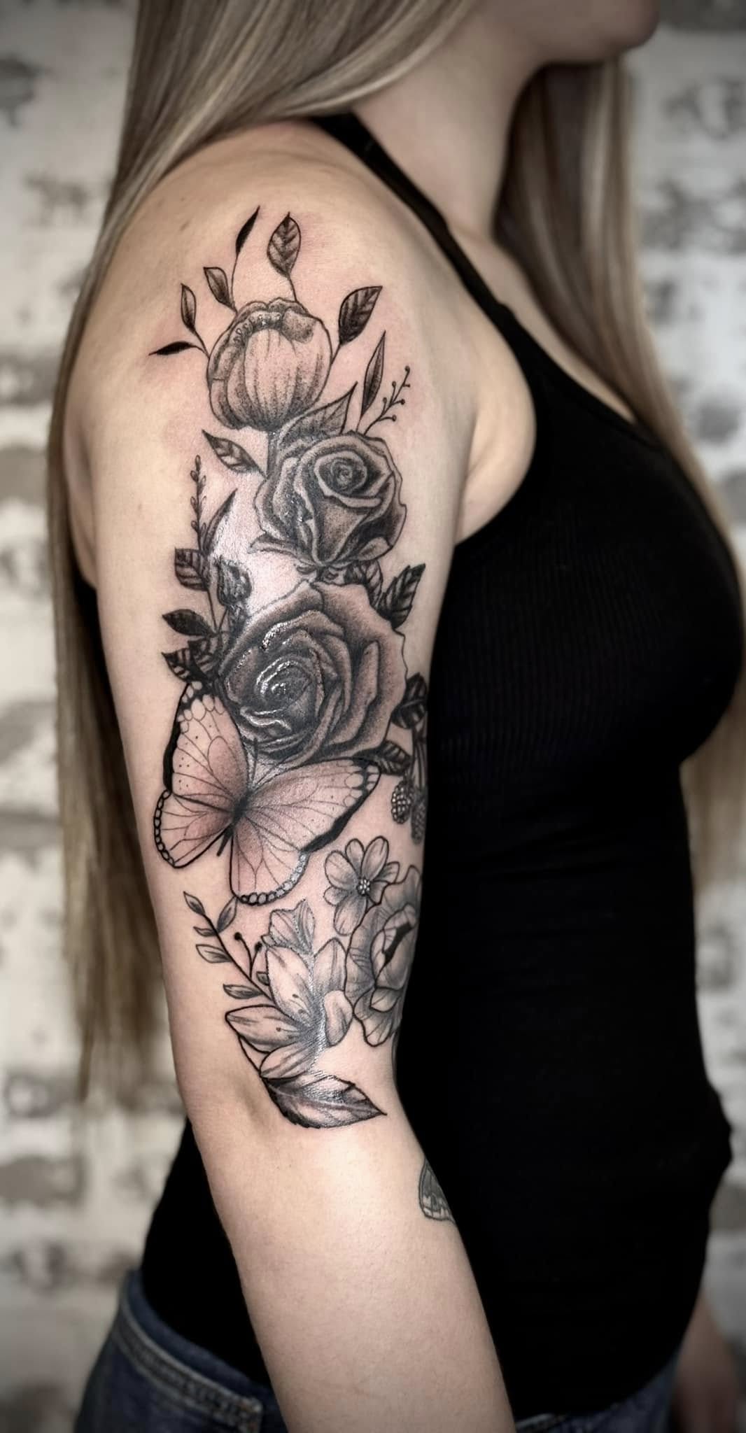 Black and grey floral and butterfly arm sleeve